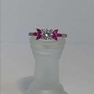 Sterling Silver Flower Leaves Ruby Clear